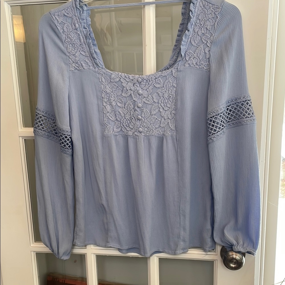 Embellished Blue Long Sleeve Blouse with Lace